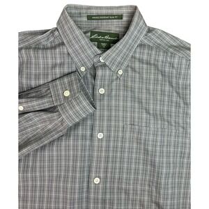 Eddie Bauer Y2K Mens Wrinkle Resistant Long Sleeve Gray Plaid Buttonup Sz-M Tall